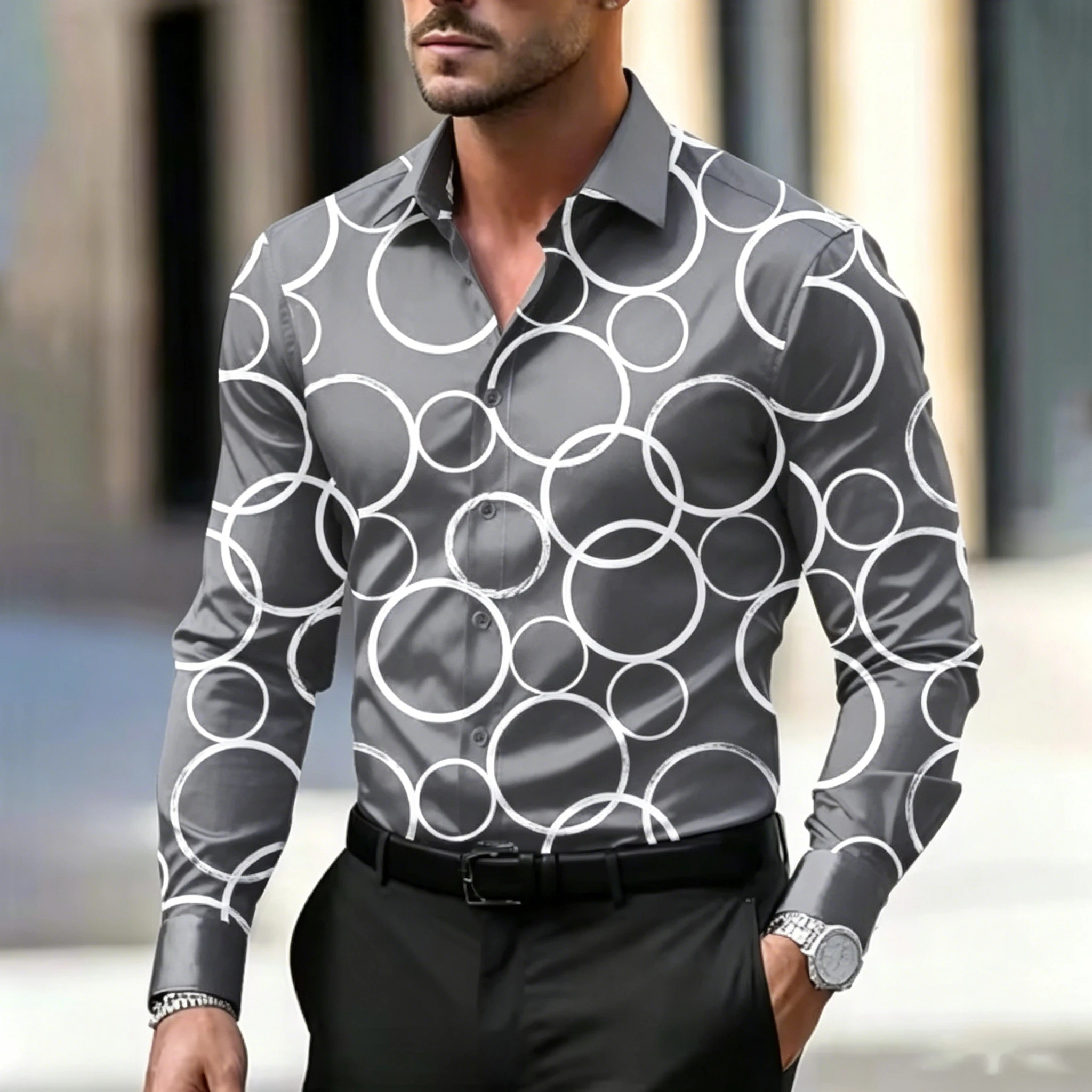 Men's Geometric Circle Printed Long Sleeved Formal Shirt  Business Casual Social Party Button Down Collar Top
