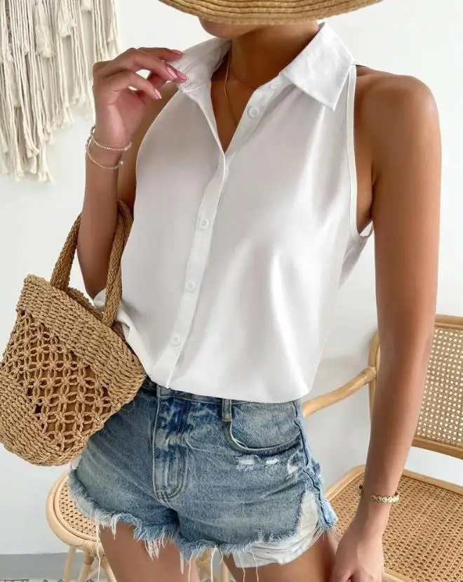 Women White Shirt Summer European & American Fashion Plain Casual Blouses Women\'s Turn Down Collar Sleeveless Buttoned Top