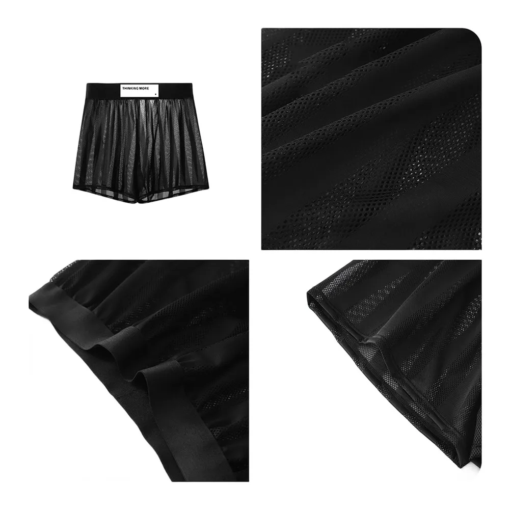 White Black Men Perspective Mesh Loose Striped Boxers Shorts Hollow Breathable Home Wear Underwear Sports Boxer Trunks