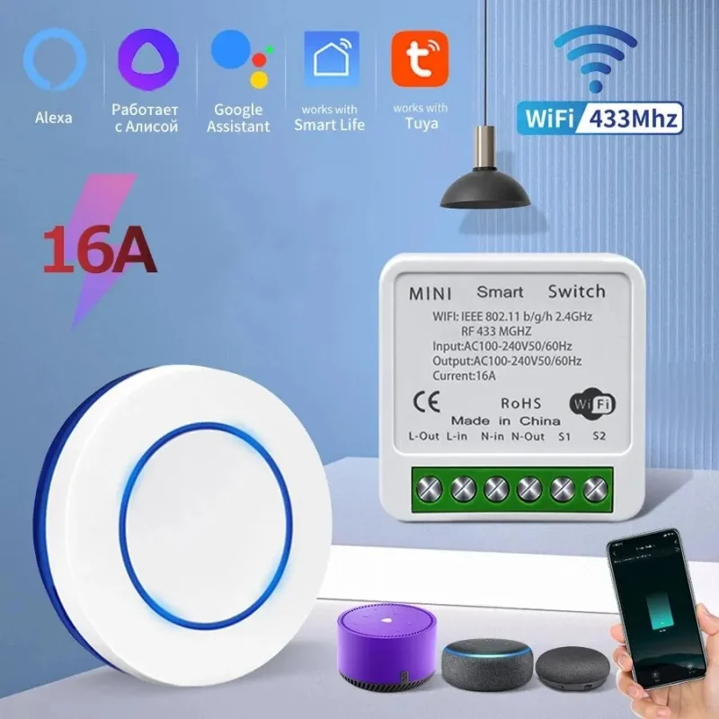 Tuya WiFi Smart Switch 16A RF433Mhz Wireless Mini Round Push Button Switch Alexa Google Assistant Voice Control Activation