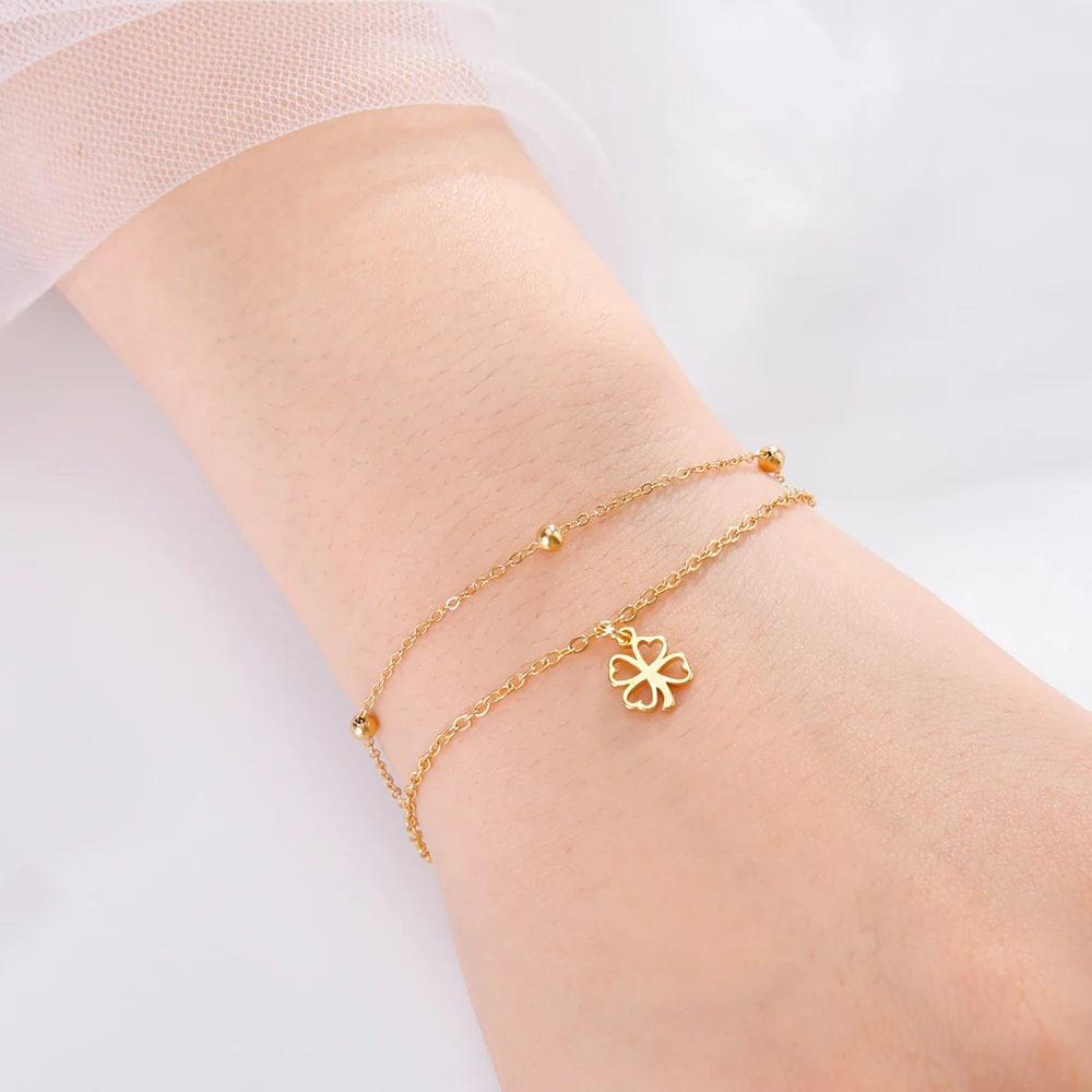 Dawapara Viel Glück Kleeblatt Armband Vierblättriges Kleeblatt Charms Schlangenkette 17 cm Armband Edelstahl Paar Schmuck – Detail 9