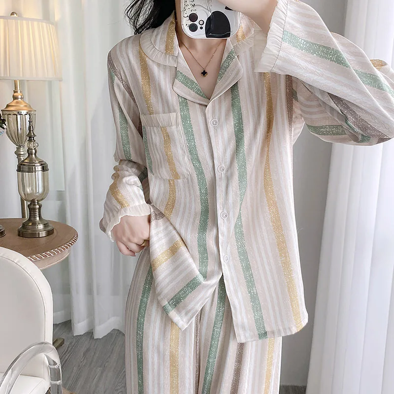 Women Girl Korean Style Stripe Pajamas 26 Summer Autumn Herringbone Silk Long-sleeve Pants 2piece Set High-end Home Wear Nighty