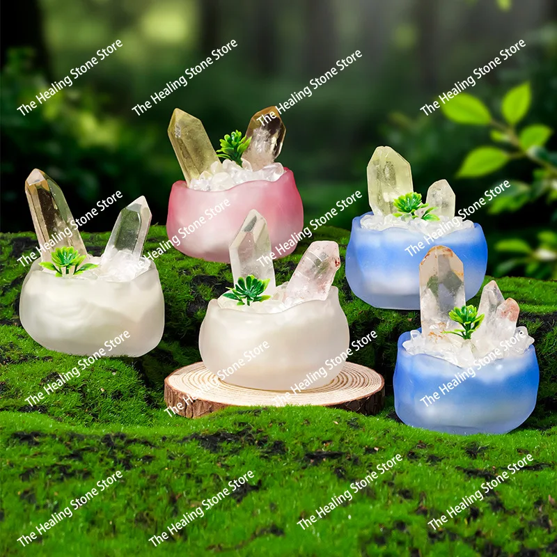 مجموعة كريستال بيضاء طبيعية بوعاء سيترين كريستال واحد منظر طبيعي صغير زخرفة سطح المكتب المنزلي #3