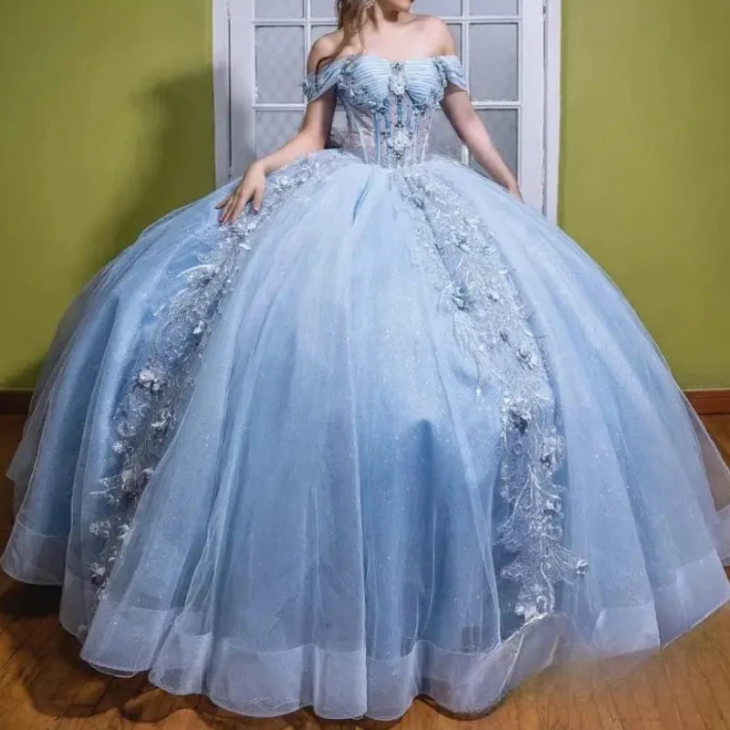 

Sky Blue Illusion Ball Gown Quinceanera Dresses Off The Shoulder Appliques Lace 3D Flowers Beads Tull Sweet 16 Vestido De 15 Ano