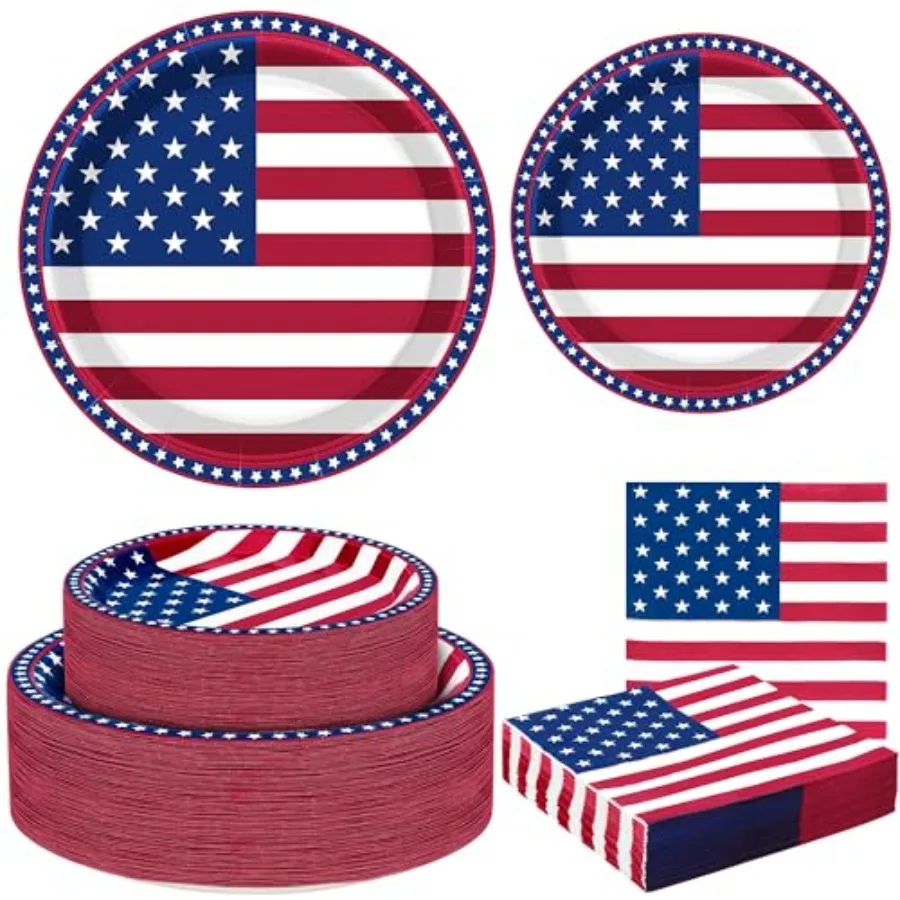 

50 Pcs 4th of July Party Supplies, Serve 50 Patriotic American Flag Party Tableware Set Paper Plates and Napkins, Fourth of Jul