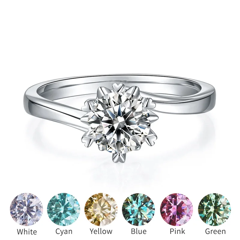 Big Sale 0.5-1CT  Moissanite Ring Flower Design Blue Green White Pink Red Gemstone Diamond Rings For Women S925 Silver