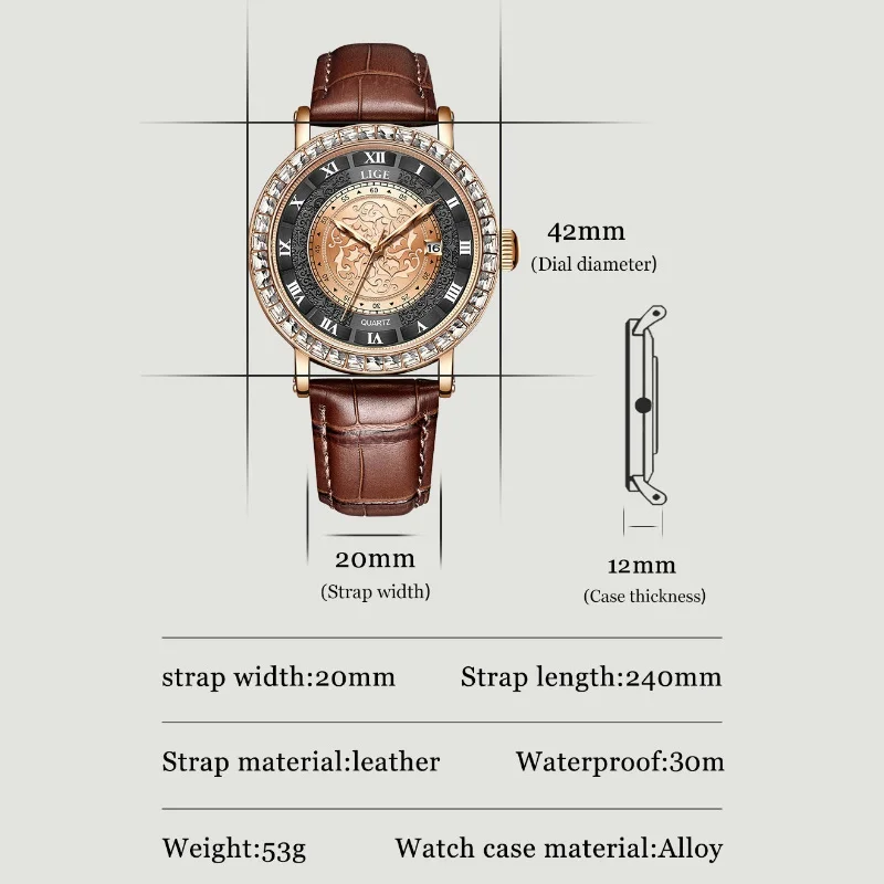 Men's Quartz Watch Diamond Business Series with Quartz Movement Sun Textured Dial Calendar Function Leather Strap 30ATM