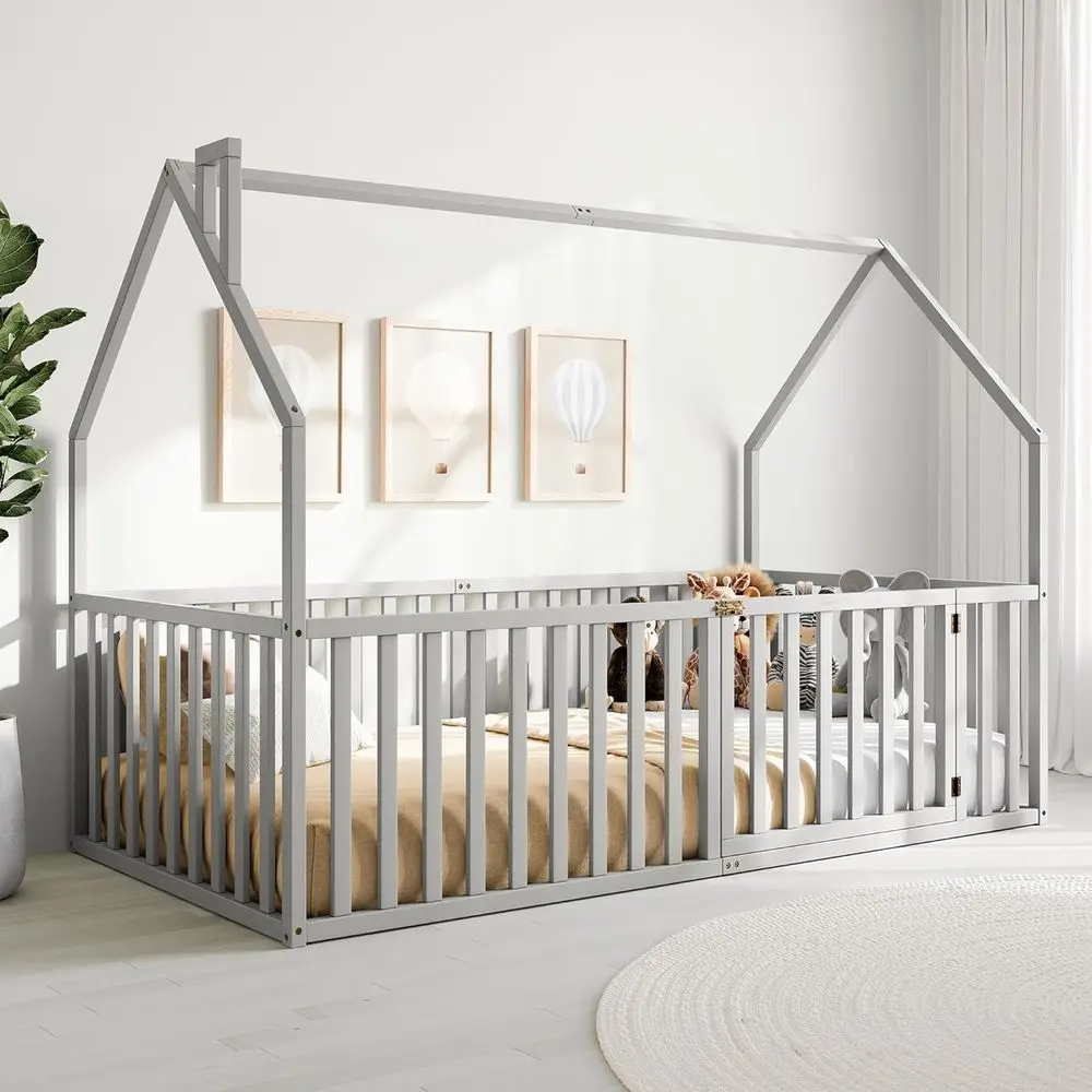 

Двуспальная кровать из сосны с защитным ограждением для детей от 5 лет, идеально подходит для игр или сна, серого цвета