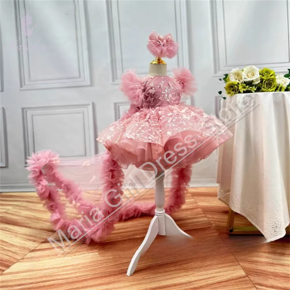 Kids Girls Birthday Dress Fluffy Feather Sequin Train Glitter Tulle Costume Pageant Piano Performance Outfit
