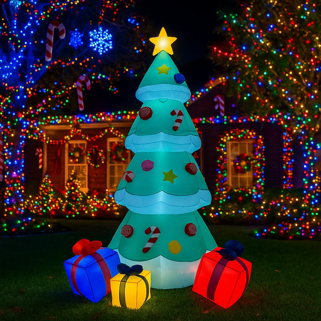 Cajas de regalo inflables para árbol de Navidad, 2,4 M/7,8 pies, luces LED para exteriores, decoraciones para el hogar, juguetes, patio, decoración de iluminación para fiestas navideñas