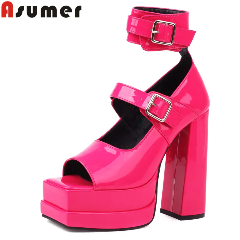 

ASUMER 2023 New Size 34-48 Peep Toe Patent Leather Sandals Thick High Heels Platform Sandals Woman Sexy Buckle Party Shoes