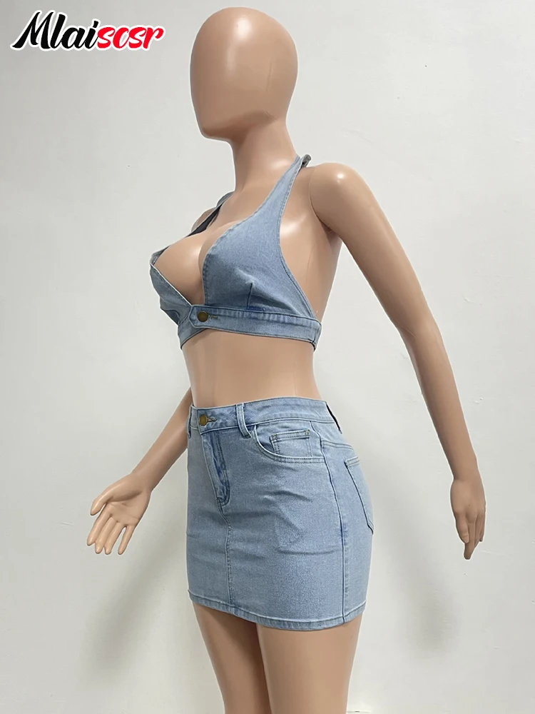 Mlaiscsr Women Sleevless Halter Crop Top and Mini Skirts Denim Outfits Sexy Beach Club Blue Backless Bodycon Jean Two Piece Sets