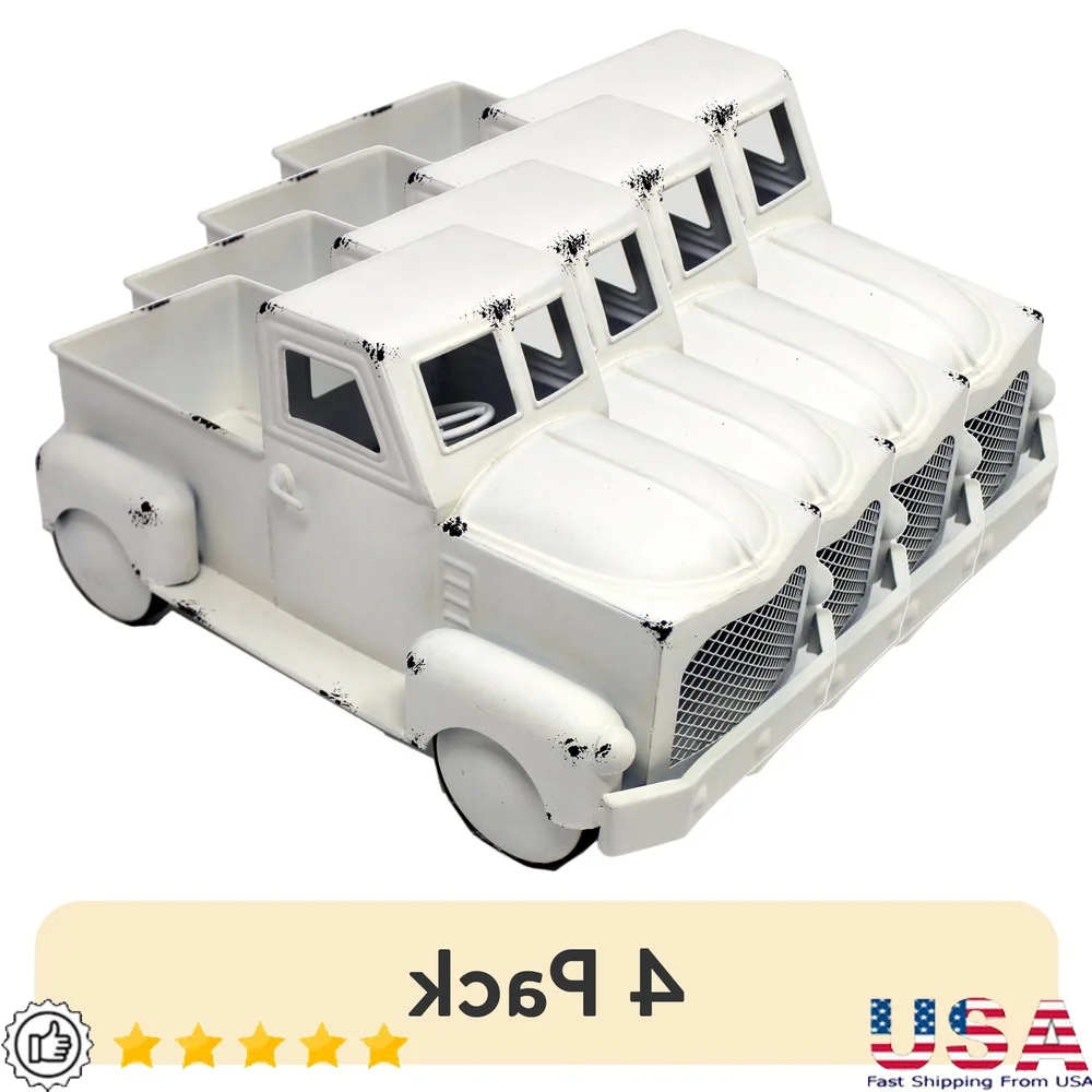 

4 Pack Vintage White Metal Truck Crate Rustic Storage Organizer Decorative Basket Multi-Purpose Home Office Kitchen Decor