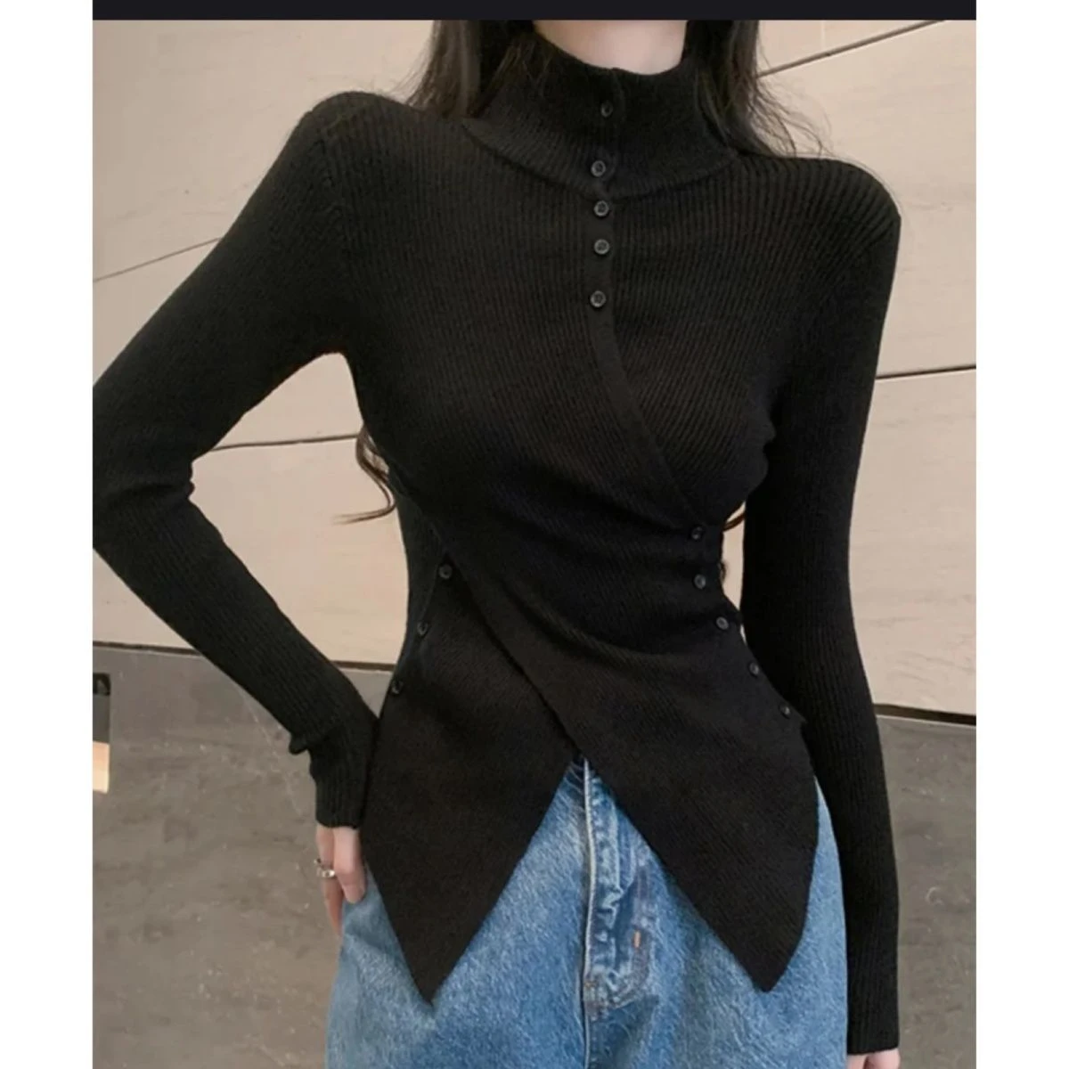 

Оверсайз нерегулярные облегающие свитера, простые черные водолазки, вязаные топы, женские осенние новинки 2024, кардиган с длинными рукавами