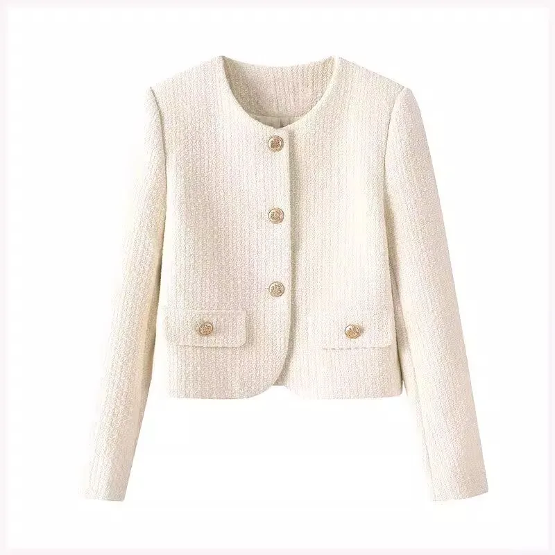 

Spring Autumn Casual Single Breasted Round Neck Short Coat Women Jackets