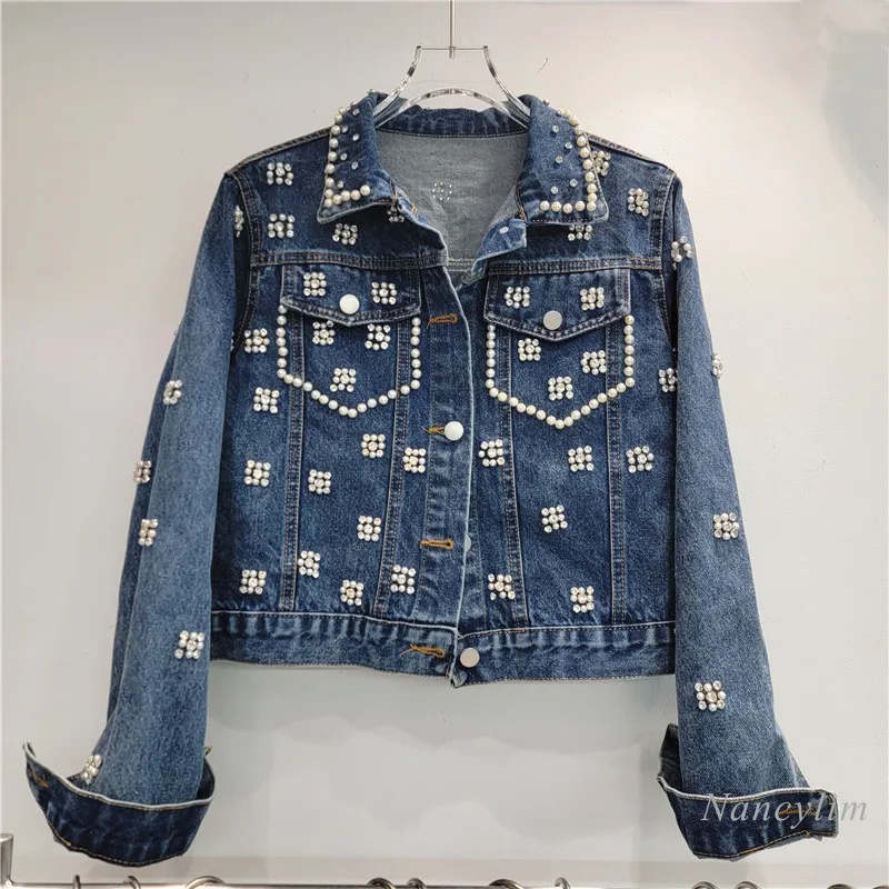 

Heavy Industry Beads Diamond-Embedded Denim Coat for Women 2024 Autumn New Small Loose Slimming European Goods Jean Jacket