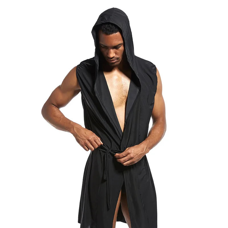 Men\'s bathrobes, sleepwear, solid color men\'s inner robe, soft silk fabric, sexy sleeveless bathrobe, thin design