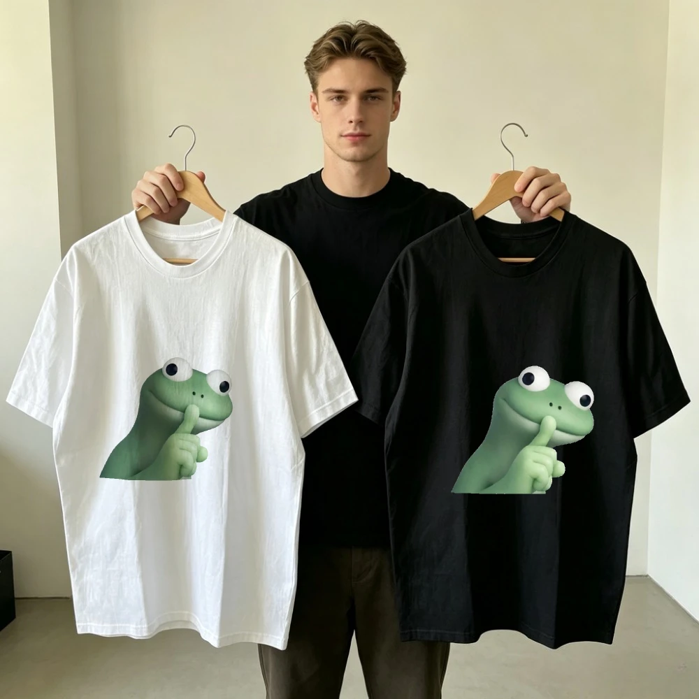 Green Frog Shush Finger Gesture Print Couple Matching Tom the Lizard｜Lizard Lizard Lizard Hoppers Youth Street Fashion