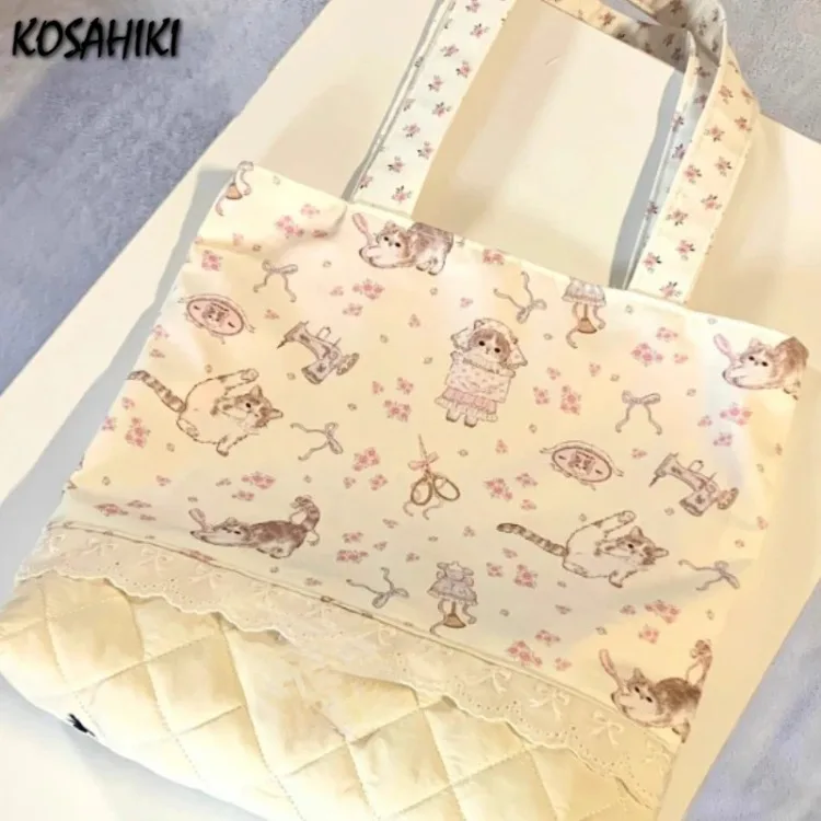 Japanese Kawaii Cat Flower Print Women\'s Handbags Casual Fashion Sweet Chic Shoulder Bags Y2k Aesthetic Cute Girls Underarm Bag