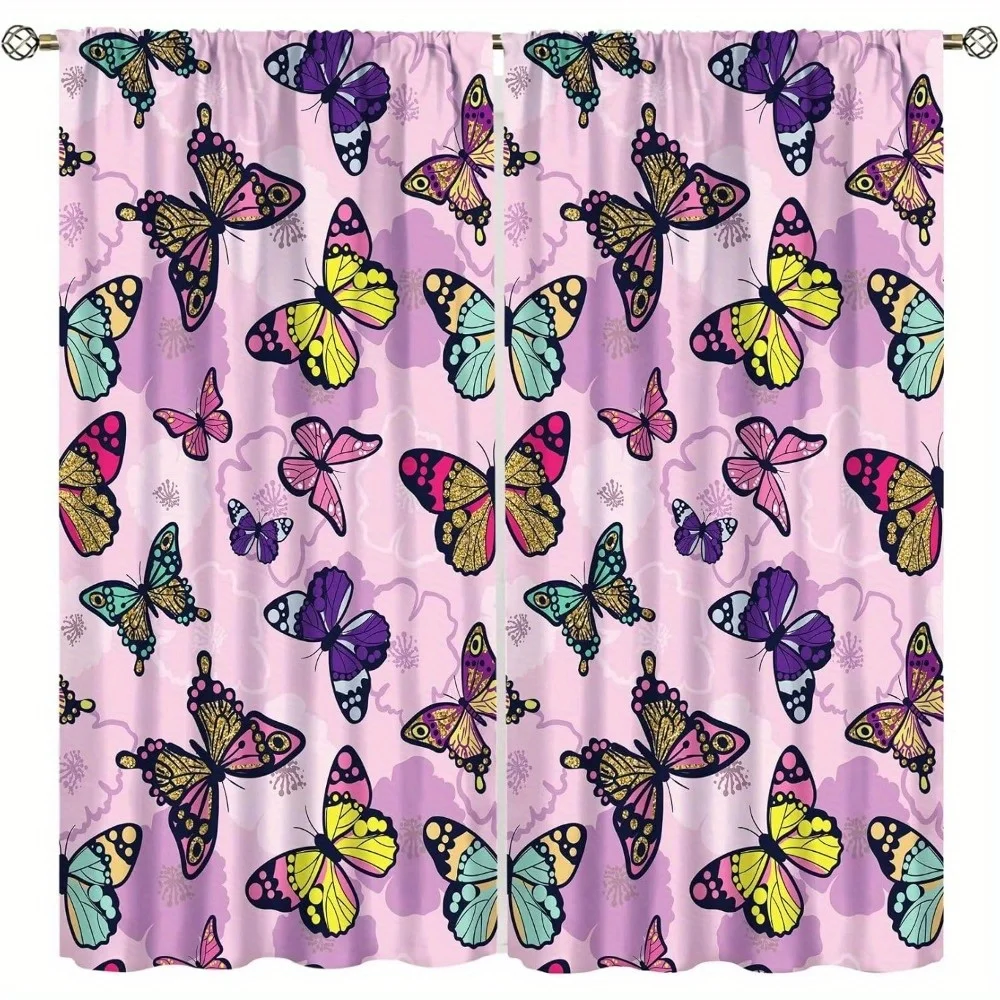 2pcs Vibrant Colorful Butterfly Print Blackout Curtains - Rod Pocket, Peach Skin Fabric, Machine Washable, Ideal for Bedroom & L