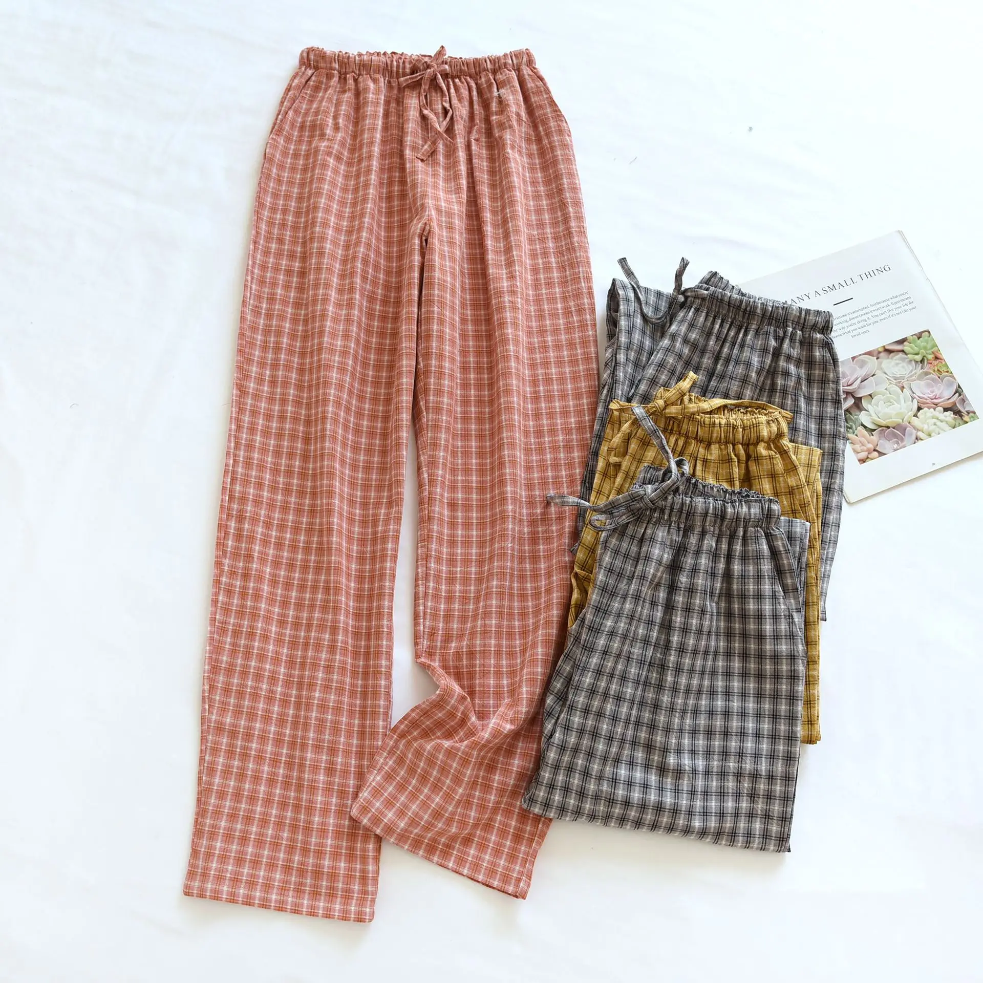 New Gauze Cotton Couple Pajama Pants Double Layer Soft Breathable Leisure Home Pants Elastic Waist Plaid Sleep Bottoms Sleepwear