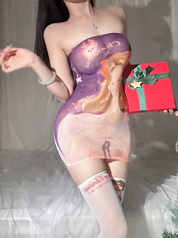 

2024 New Fashion Sexy Cute Printed Bunny Girl Christmas Strapless Dress Women Cinching Waisted Slim Wrap Hip Short Dress H7JK