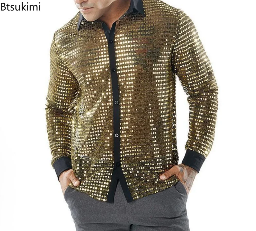 

2025 Men's Sparkly Sequins Dance Shirts Vintage 70s Disco Nightclub Long Sleeve Shirt Tops Single Breasted Performance Clothing