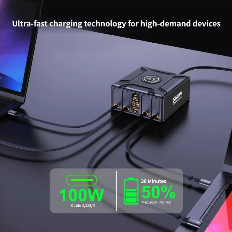 

Зарядная станция 7 в 1 мощностью Вт с 4 выдвижными кабелями USB C, несколькими портами для быстрой зарядки телефонов, 896C