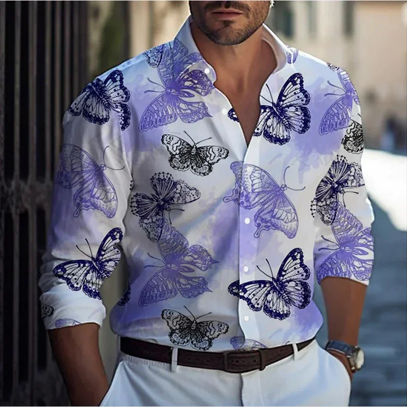 

2024 New Fashion Men's Butterfly Shirt Comfortable And Soft Long Sleeve Shirt Daily Wear Top Stylish Button Design Breathable