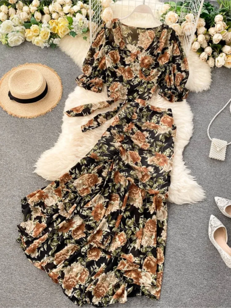 Sexy Women Elegant Floral Skirt Set Female Chiffon Short Sleeve Bandage Top + A-Line Midi Mermaid Skirt Female Casual Suits 2024