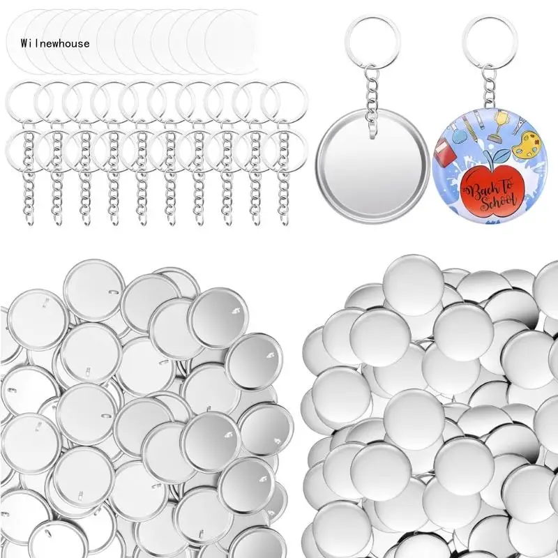 

100Pcs Keyrings with Chains, Craft Keychain and 58mm Button Badge Set Dropship