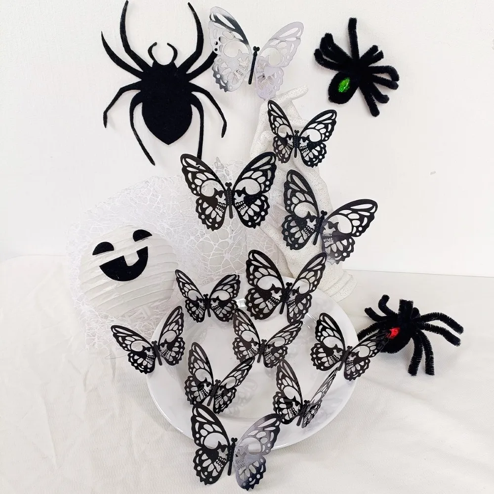 

Double Layer Halloween Wall Stickers Hollow Out DIY Butterfly Skull Stickers Black PVC 3D Butterfly Wallpaper Decal