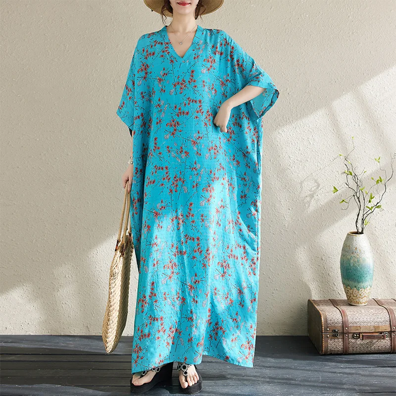 Été mince Floral Vaion Sle voyage v-ne rétro Long Dr doux confortable sur le genou coton lin mélange enveloppement Dr