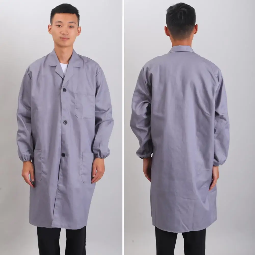 Work Coat Long Sleeved Lab Labor Dust Proof Work Clothing Single Breasted Mid length Washable Work Jacket Men Uniform
