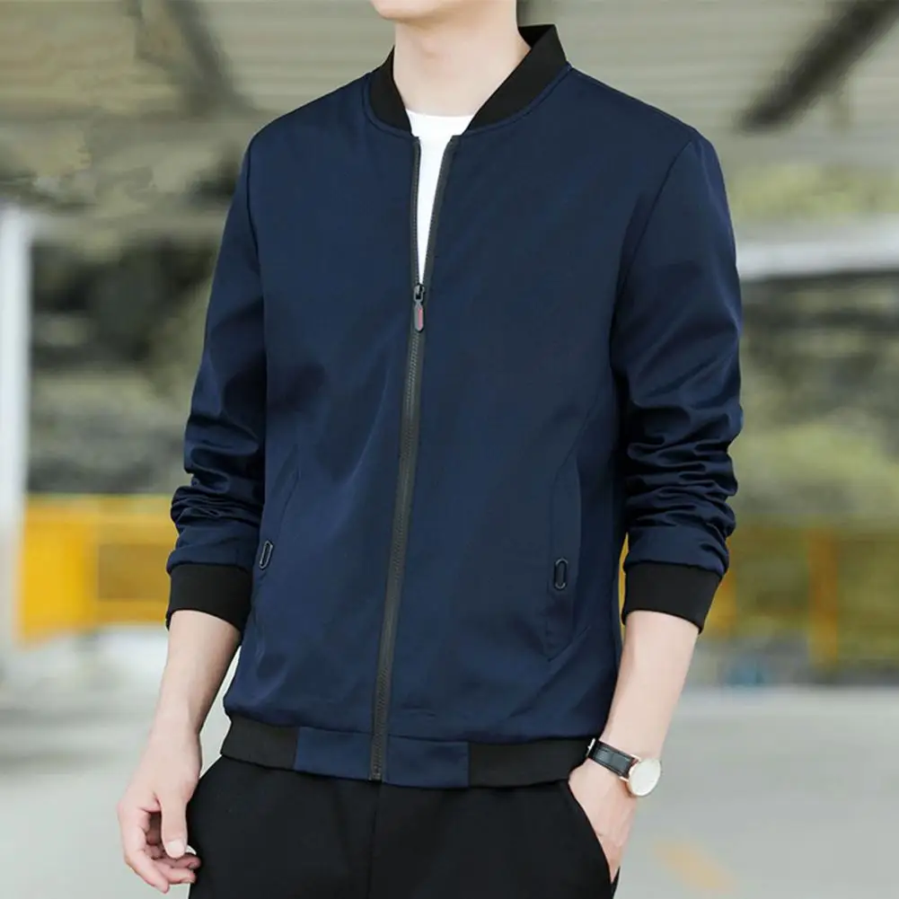 Men Baseball Coat Men's Stand Collar Baseball Coat with Zipper Placket Pockets Casual Outwear for Work Gym Everyday Wear Long