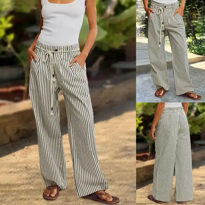

Summer 2025 Women's Comfortable Adjustable Striped Print Casual Pants Faionable Straight Leg Trousers for Women