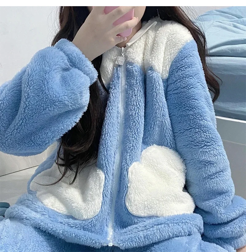 Sanrio Cinnamoroll Hooded 2 Pcs Pyjama Sets For Women Zipper Warm Cotton Plush Thickened Winter Long Pajamas Girl Homewear