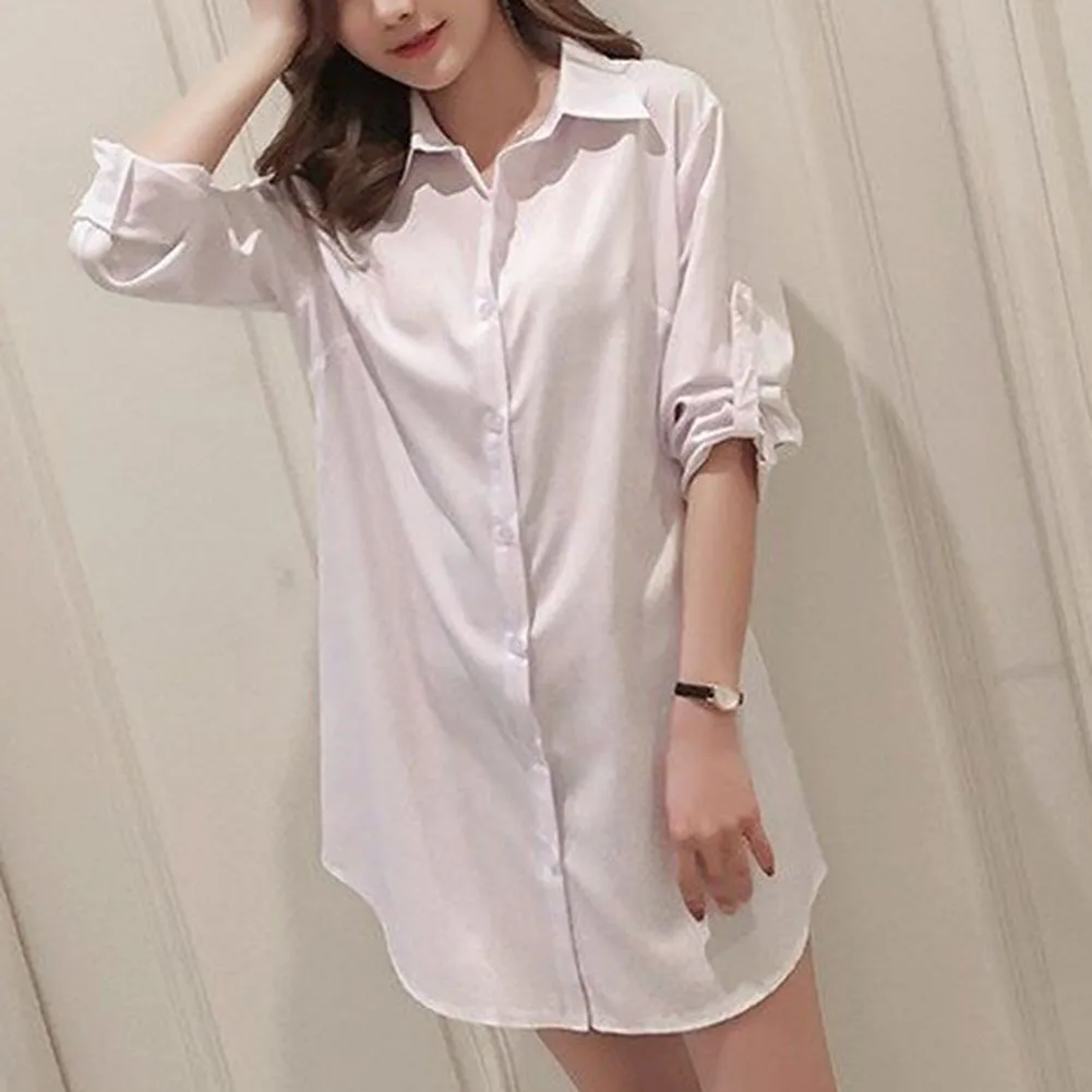 Women's Shirts White Black Long Sleeve Blouse V-Neck Line Slim Shirt Oversize Dress Girl Fashion Boyfriend Style Tops