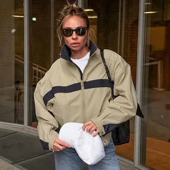 Linad Street Chic Khaki Stand Collar Zipper Jackets 2026 Casual Long Sleeve Outerwear Female Fashion Loose Coats For Woman New 4