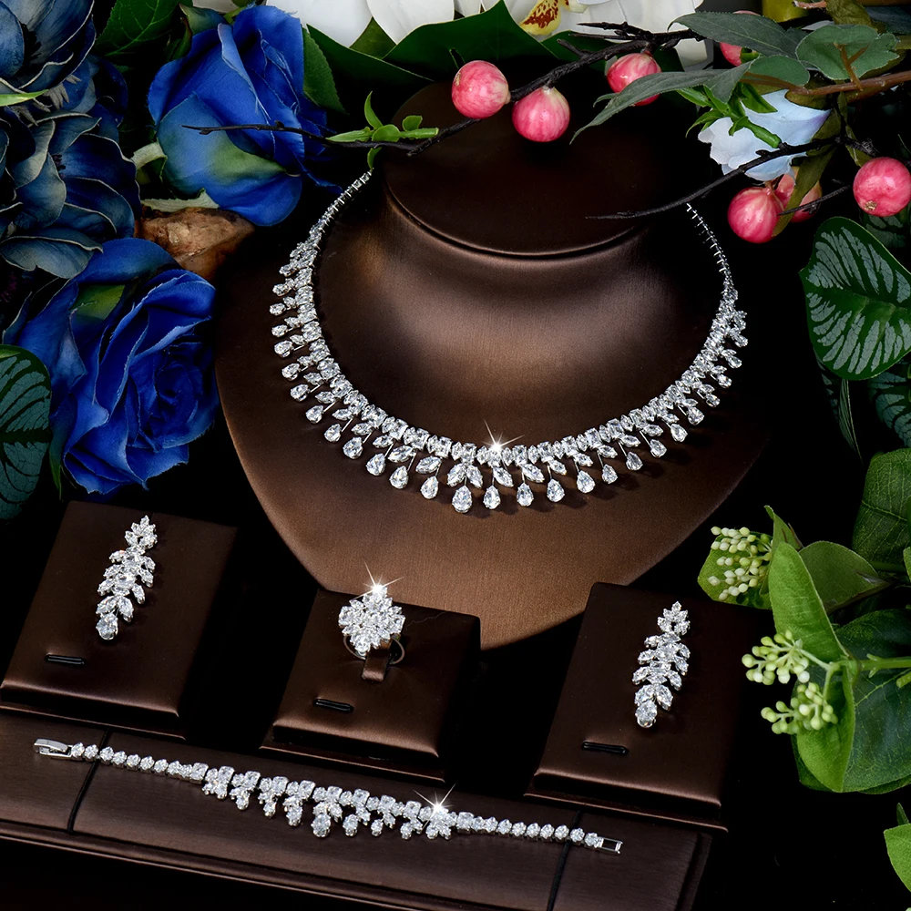 

HIBRIDE Pretty Flash Necklace Earrings Bracelet 4 Piece Women's Jewelry Set for Dubai Wedding Bridal Ball Dress Gift S-989