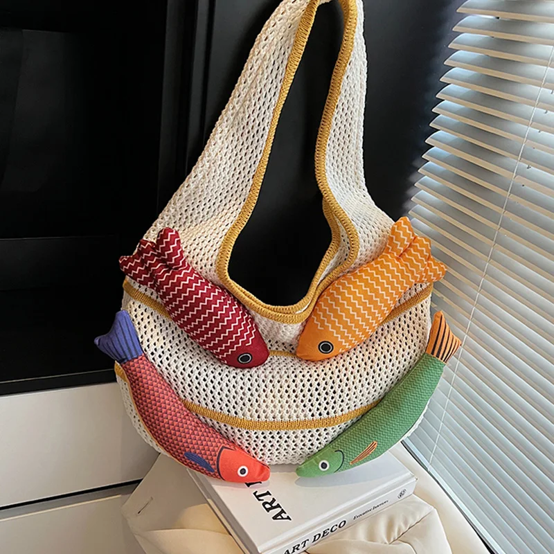 

Hollow Knit Lucky Fish Tote Bag,Crochet Contrast Color Women Shoulder Bag,Niche Designer Boho Slouchy Laid-Back Travel Handbag