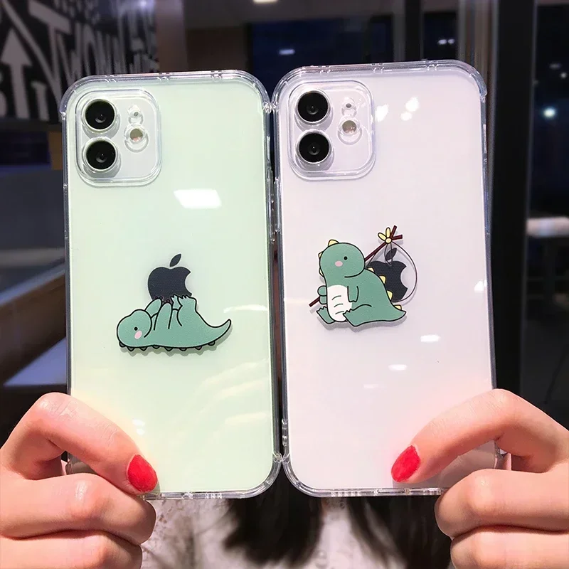 Funny Cute Cartoon Dinosaur Clear Phone Case For iPhone 16 15 14 13 Pro Max 12 11 X XS XR Mini 15 Plus SE Soft Shockproof Covers