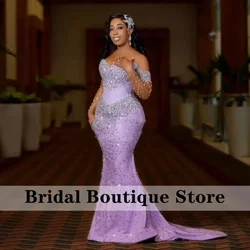 Aso Ebi Evening Dresses Rhinestone Purple Prom Dress Crystals Mermaid Wedding Gowns Off Shoulder  Robes De Soiree Customized