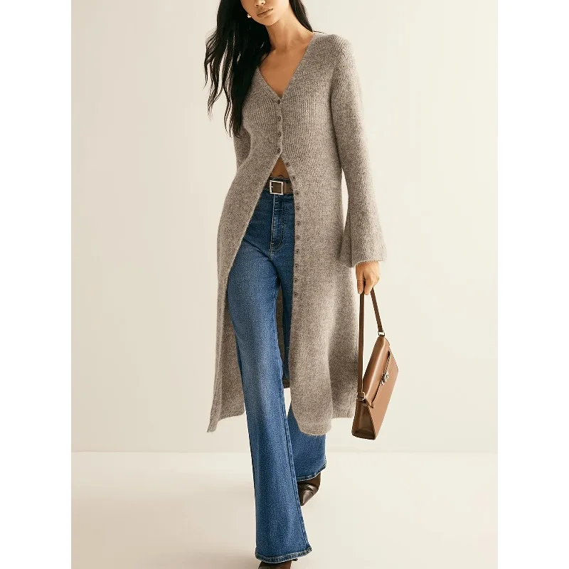 

Tinaa Французский вязаный кардиган цвета хаки, женский осенне-зимний свободный крой с v-образным вырезом, однобортный, с расклешенными рукавами, элегантный длинный свитер194136