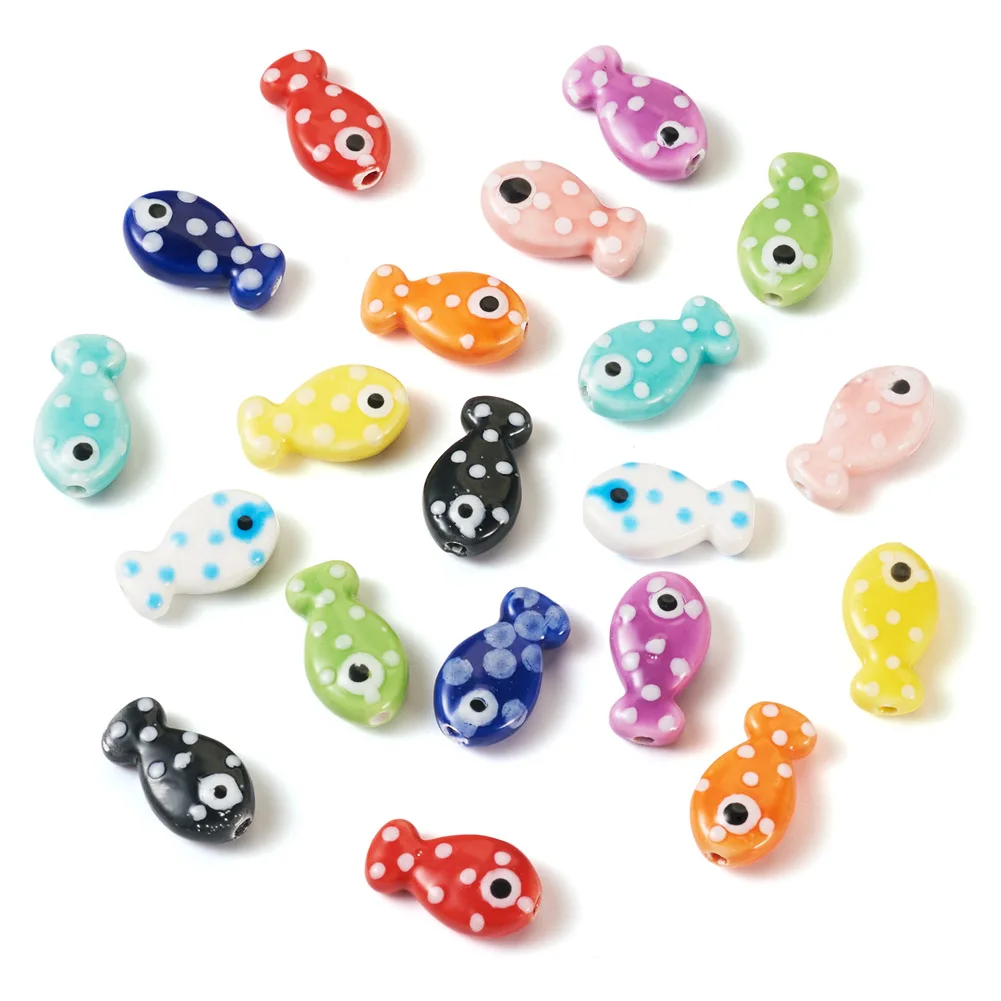 

20pcs Polka Dot Fish Porcelain Beads Assorted Color Cartoon Fish Ceramic Handmade Jewelry Bead DIY Craft Making 11x19.5x6.5mm