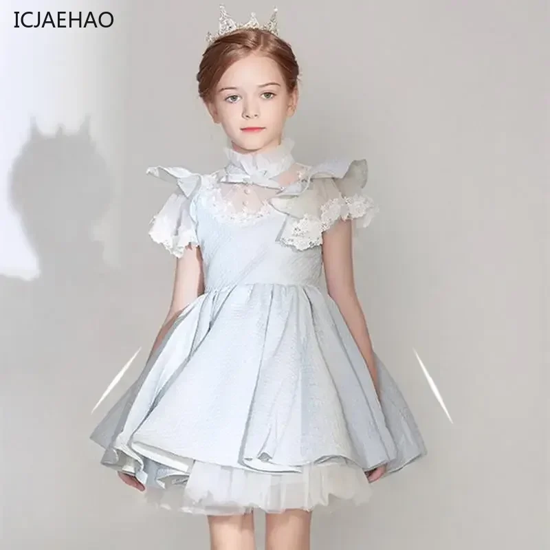 2025 Children Teen Girl Dresses Solid Lace Vestidos Prom Piano Performance Birthday Party Host Girls Costumes Baby Dress for Eid