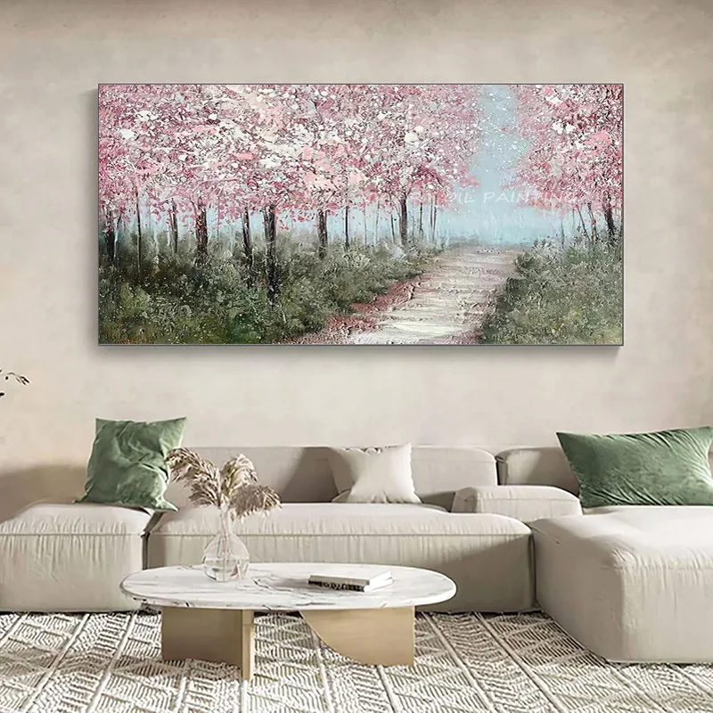 

Pink Tree Flower Forest Thick Oil Painting Large Unframed Original Forest Trail Canvas Artwork Handmade Tree Landscape Art Decor