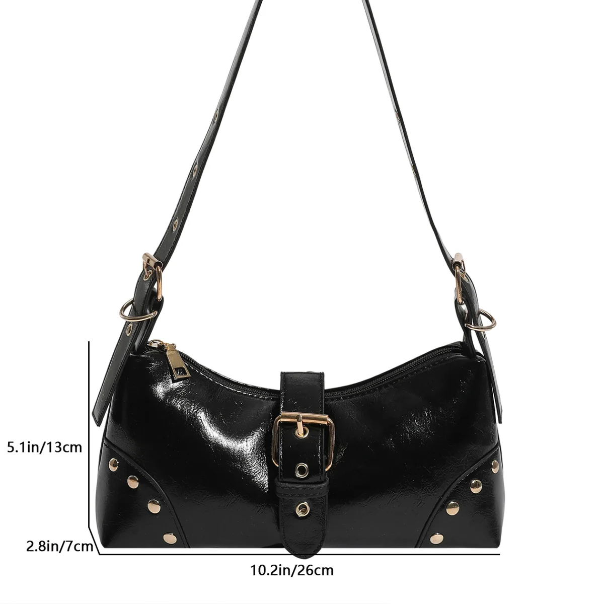 حقيبة كلاسيكية من الجلد اللامع تحت الإبط، ترصيع بلون سادة وحزام بإبزيم معدني وسحاب من البولي يوريثان وحزام قابل للتعديل سهل التنظيم للتنقل