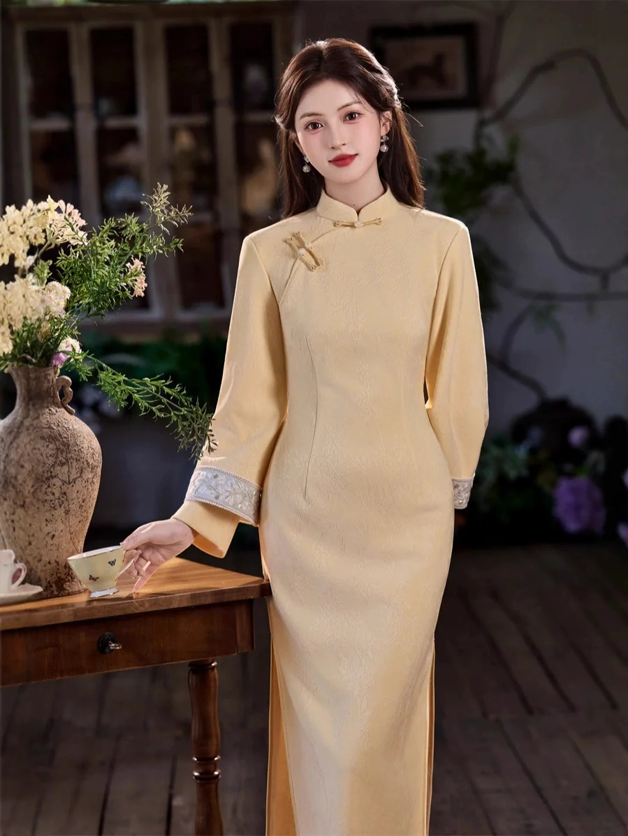 

Сексуальное тонкое платье Cheongsam, элегантное жаккардовое платье Ципао в китайском стиле, синее традиционное Ципао с воротником-стойкой, большие размеры 3XL, длинные платья