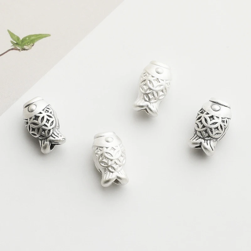 

1pc 999 Pure Silver Coins Pattern Fish Lucky Beads 12.5x7.4mm Bracelets Necklace Silver Bead Spacers DIY Jewelry Accessories
